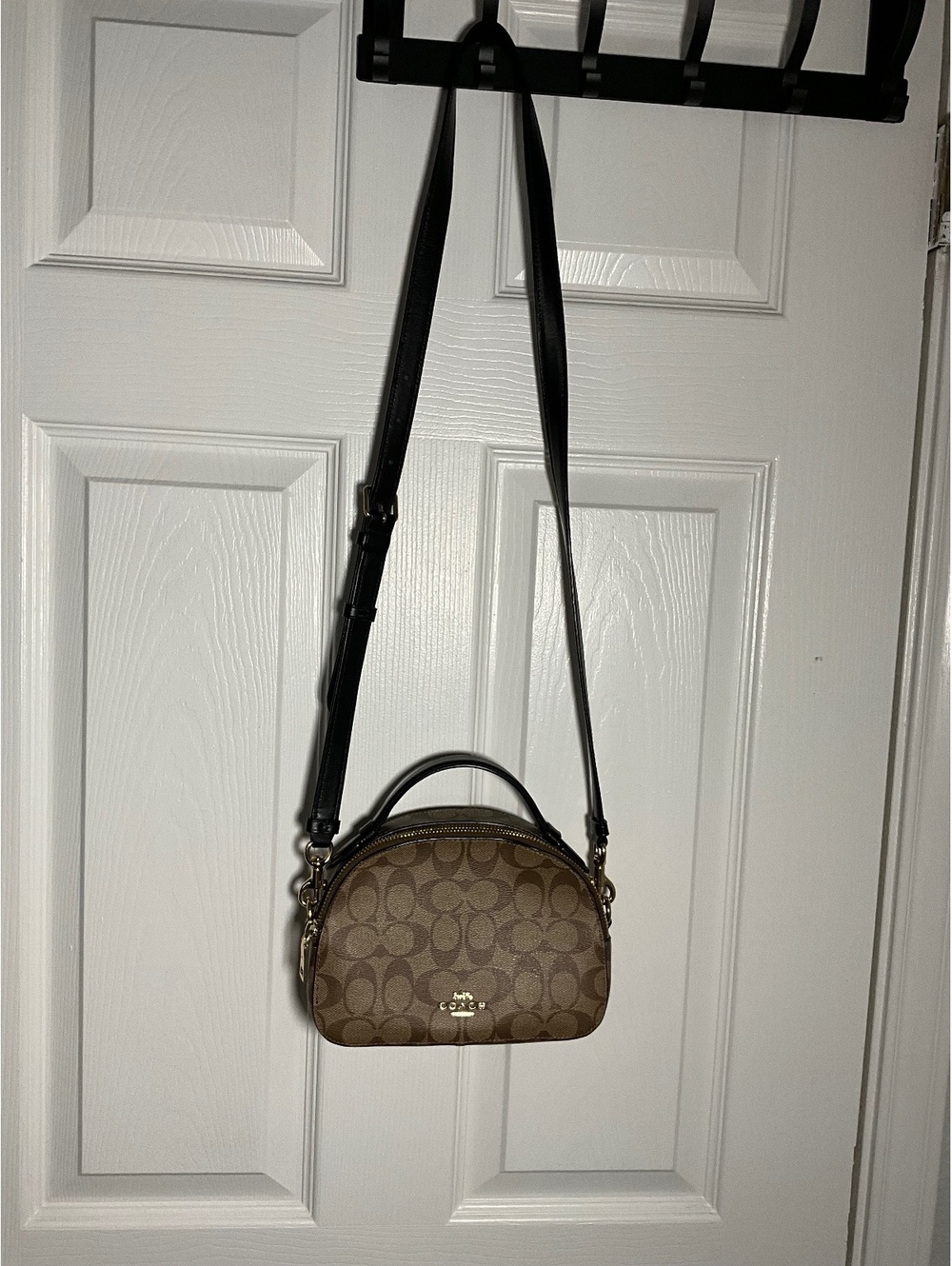 Coach Signature Canvas Crossbody Bag with Black Leather Strap